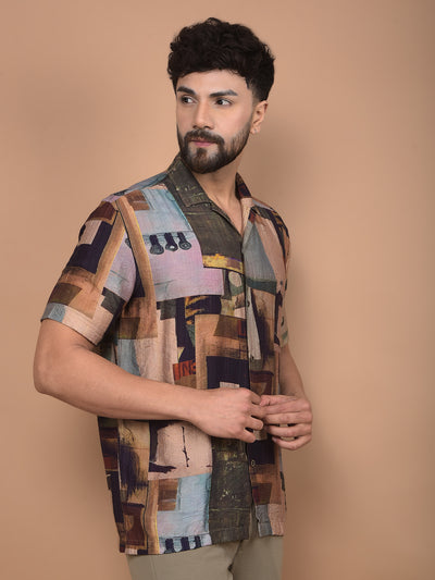 Brown Printed Cuban Collar Shirt-Men Shirts-Crimsoune Club
