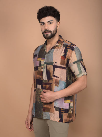 Brown Printed Cuban Collar Shirt-Men Shirts-Crimsoune Club