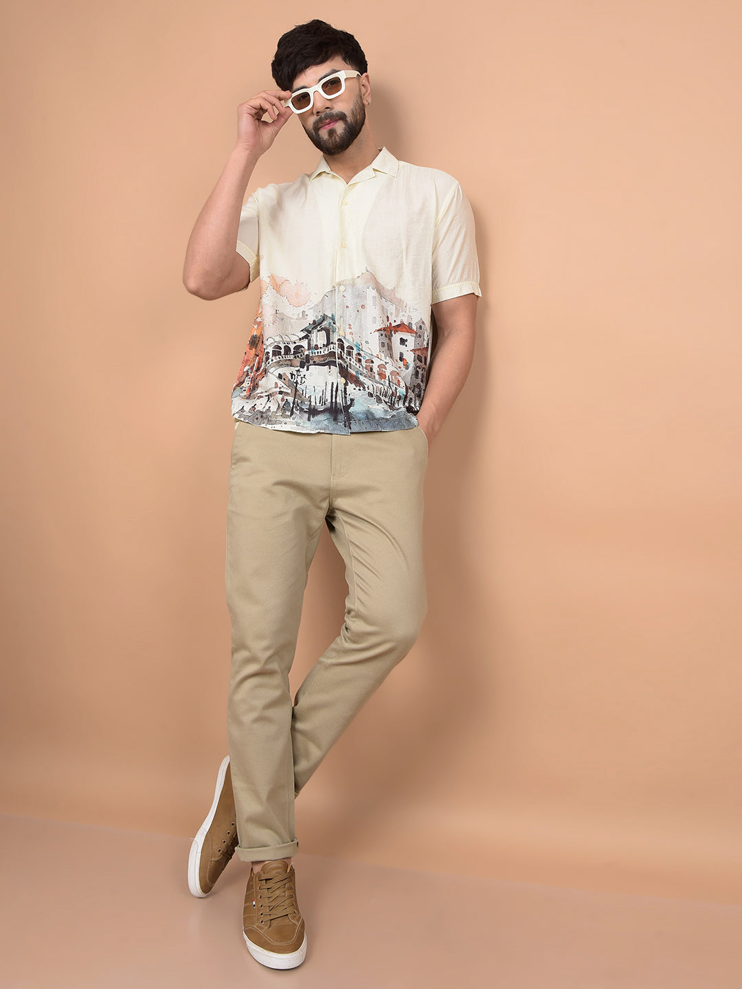 Yellow Printed Cuban Collar Shirt-Men Shirts-Crimsoune Club