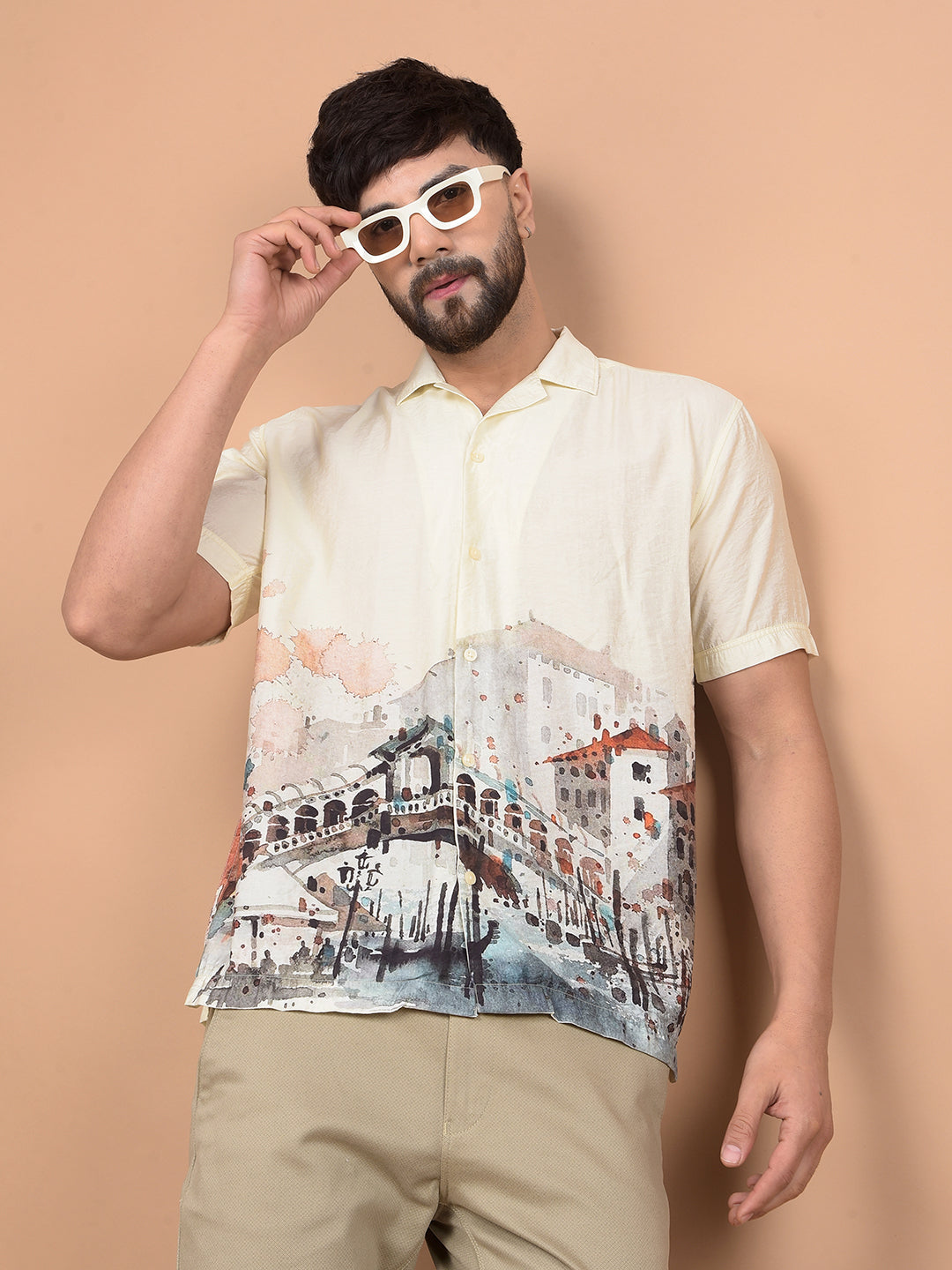 Yellow Printed Cuban Collar Shirt-Men Shirts-Crimsoune Club