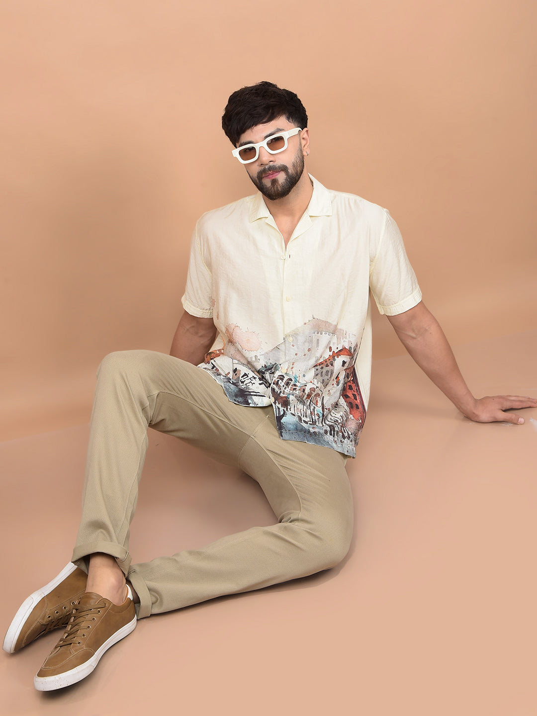 Yellow Printed Cuban Collar Shirt-Men Shirts-Crimsoune Club