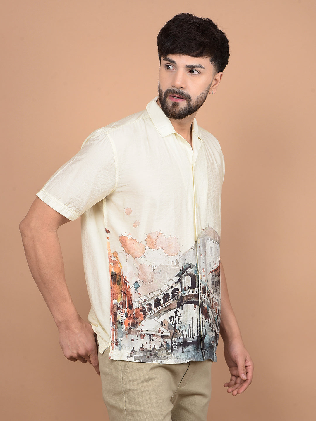 Yellow Printed Cuban Collar Shirt-Men Shirts-Crimsoune Club