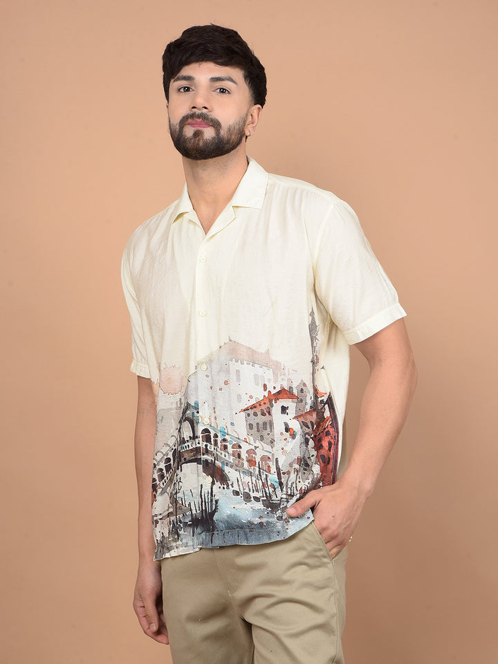 Yellow Printed Cuban Collar Shirt-Men Shirts-Crimsoune Club