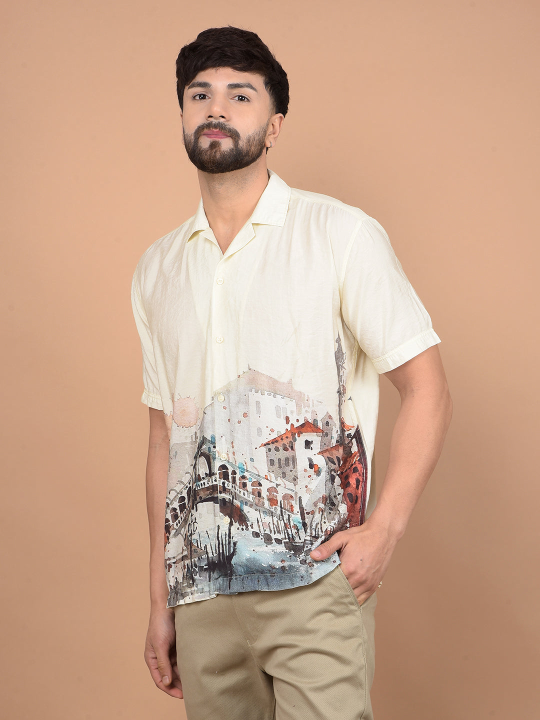 Yellow Printed Cuban Collar Shirt-Men Shirts-Crimsoune Club