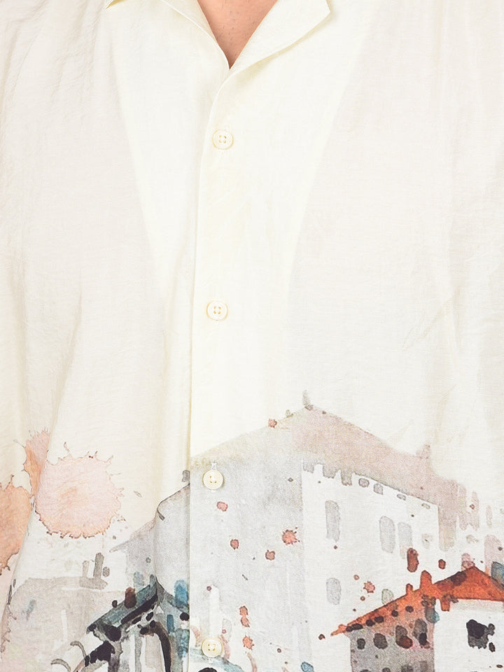 Yellow Printed Cuban Collar Shirt-Men Shirts-Crimsoune Club