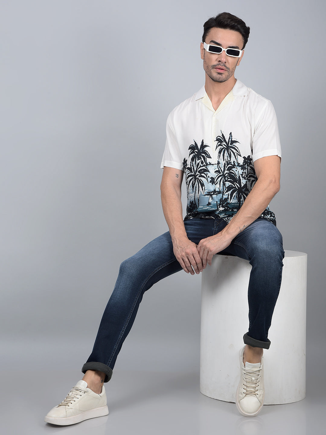 Off White Graphic Print Cuban Collar Shirt-Men Shirts-Crimsoune Club