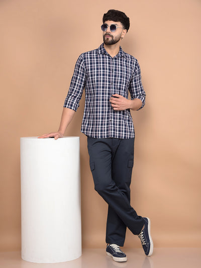 Navy Blue Checked 100% Cotton Shirt-Men Shirts-Crimsoune Club