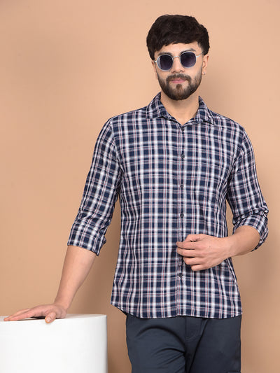 Navy Blue Checked 100% Cotton Shirt-Men Shirts-Crimsoune Club