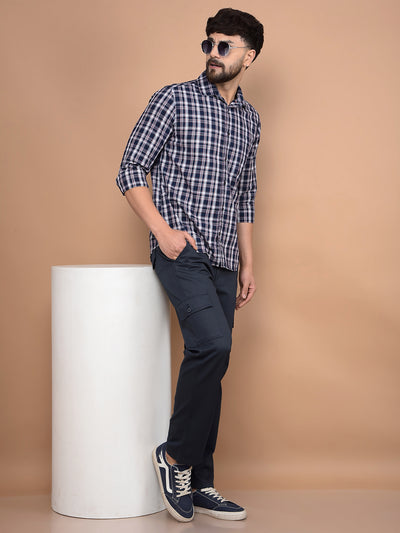 Navy Blue Checked 100% Cotton Shirt-Men Shirts-Crimsoune Club