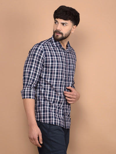 Navy Blue Checked 100% Cotton Shirt-Men Shirts-Crimsoune Club