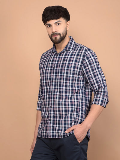 Navy Blue Checked 100% Cotton Shirt-Men Shirts-Crimsoune Club