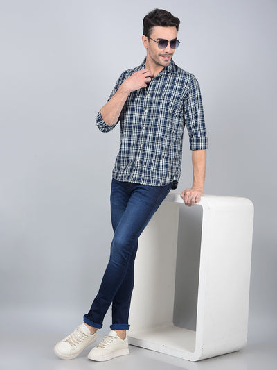 Blue Checked 100% Cotton Shirt-Men Shirts-Crimsoune Club