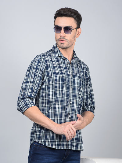Blue Checked 100% Cotton Shirt-Men Shirts-Crimsoune Club