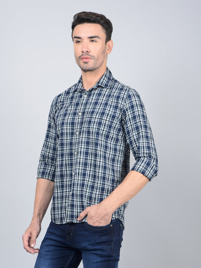 Blue Checked 100% Cotton Shirt-Men Shirts-Crimsoune Club