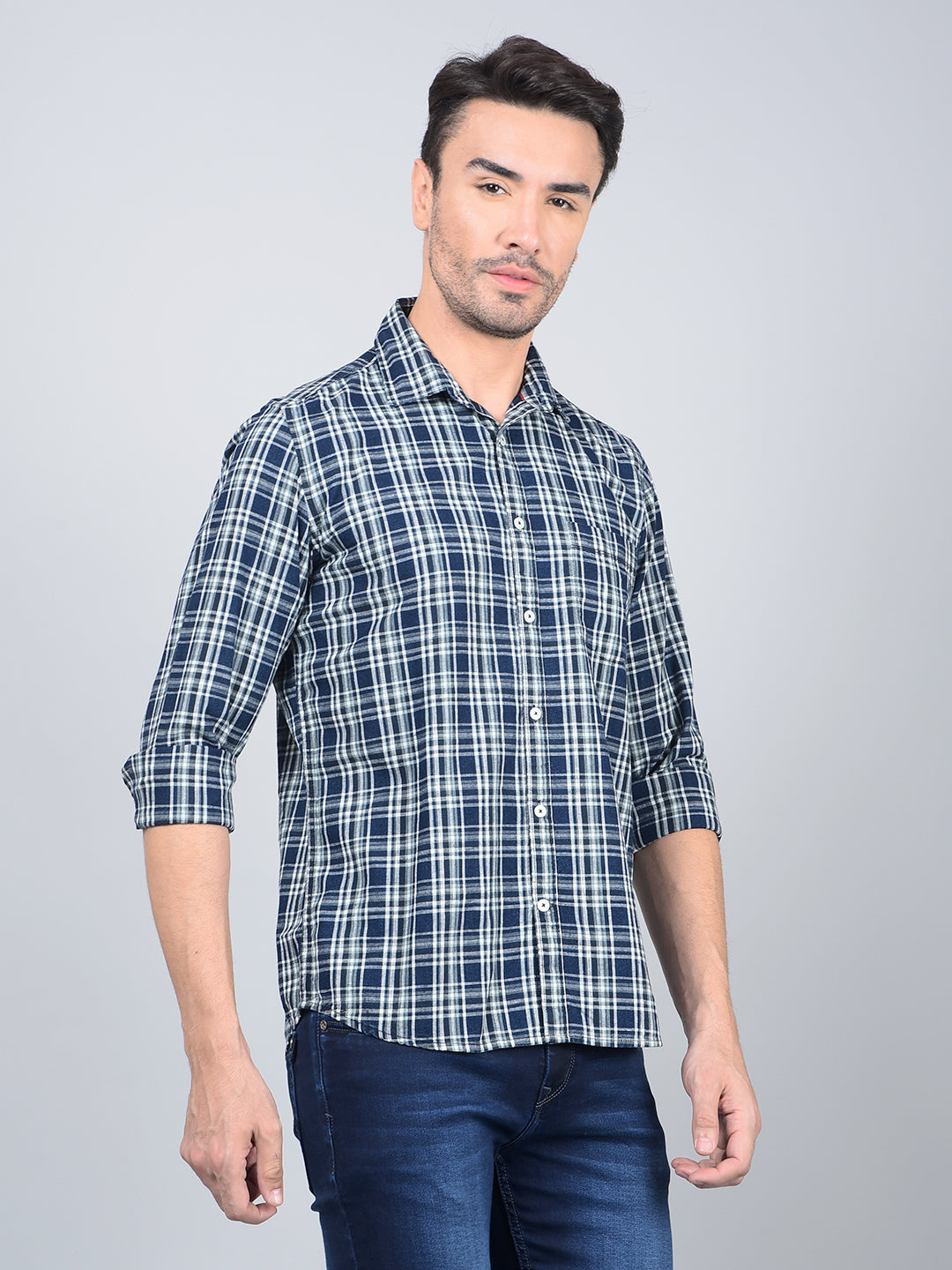 Blue Checked 100% Cotton Shirt-Men Shirts-Crimsoune Club