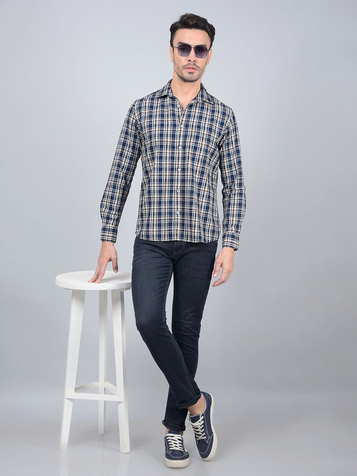 Beige Checked 100% Cotton Shirt-Men Shirts-Crimsoune Club