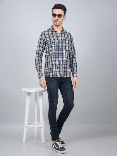 Beige Checked 100% Cotton Shirt-Men Shirts-Crimsoune Club