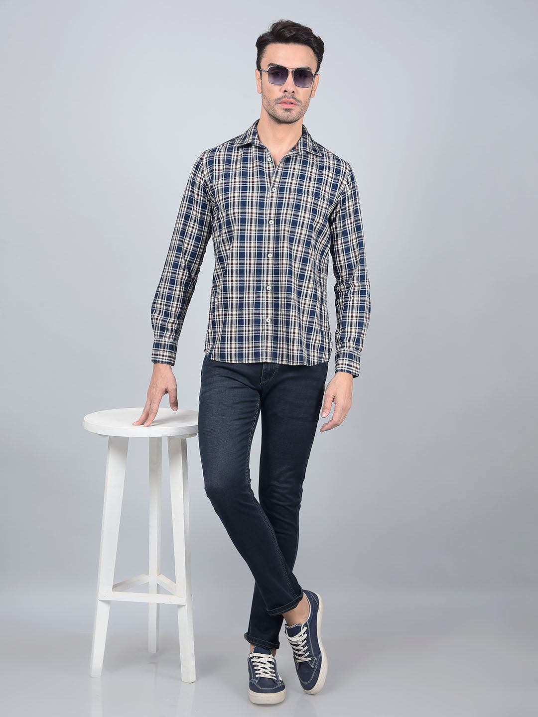 Beige Checked 100% Cotton Shirt-Men Shirts-Crimsoune Club