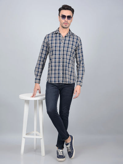 Beige Checked 100% Cotton Shirt-Men Shirts-Crimsoune Club