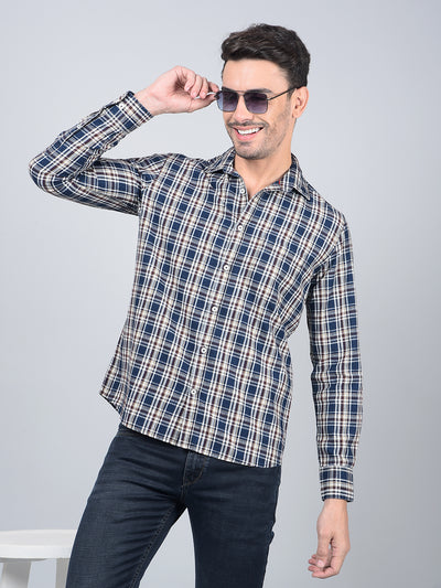 Beige Checked 100% Cotton Shirt-Men Shirts-Crimsoune Club