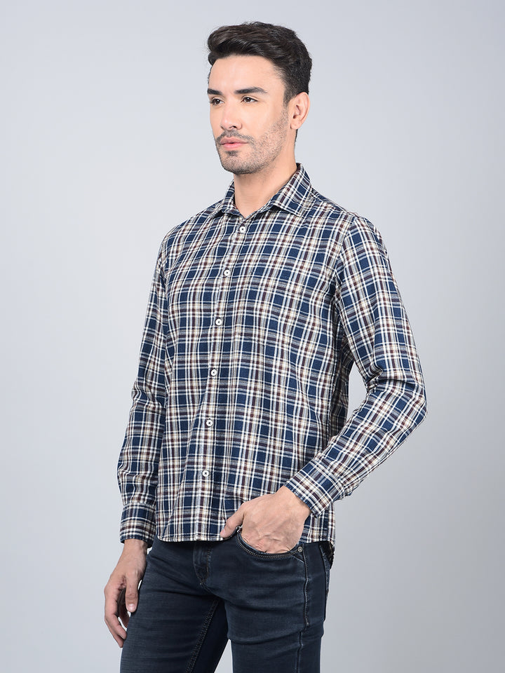 Beige Checked 100% Cotton Shirt-Men Shirts-Crimsoune Club