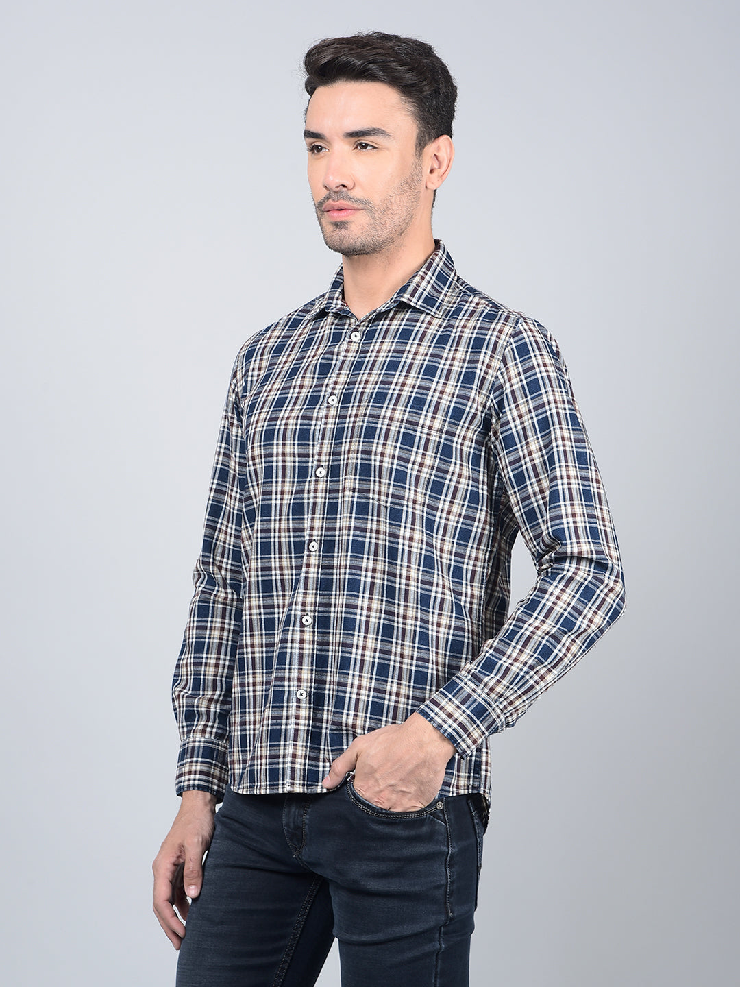 Beige Checked 100% Cotton Shirt-Men Shirts-Crimsoune Club