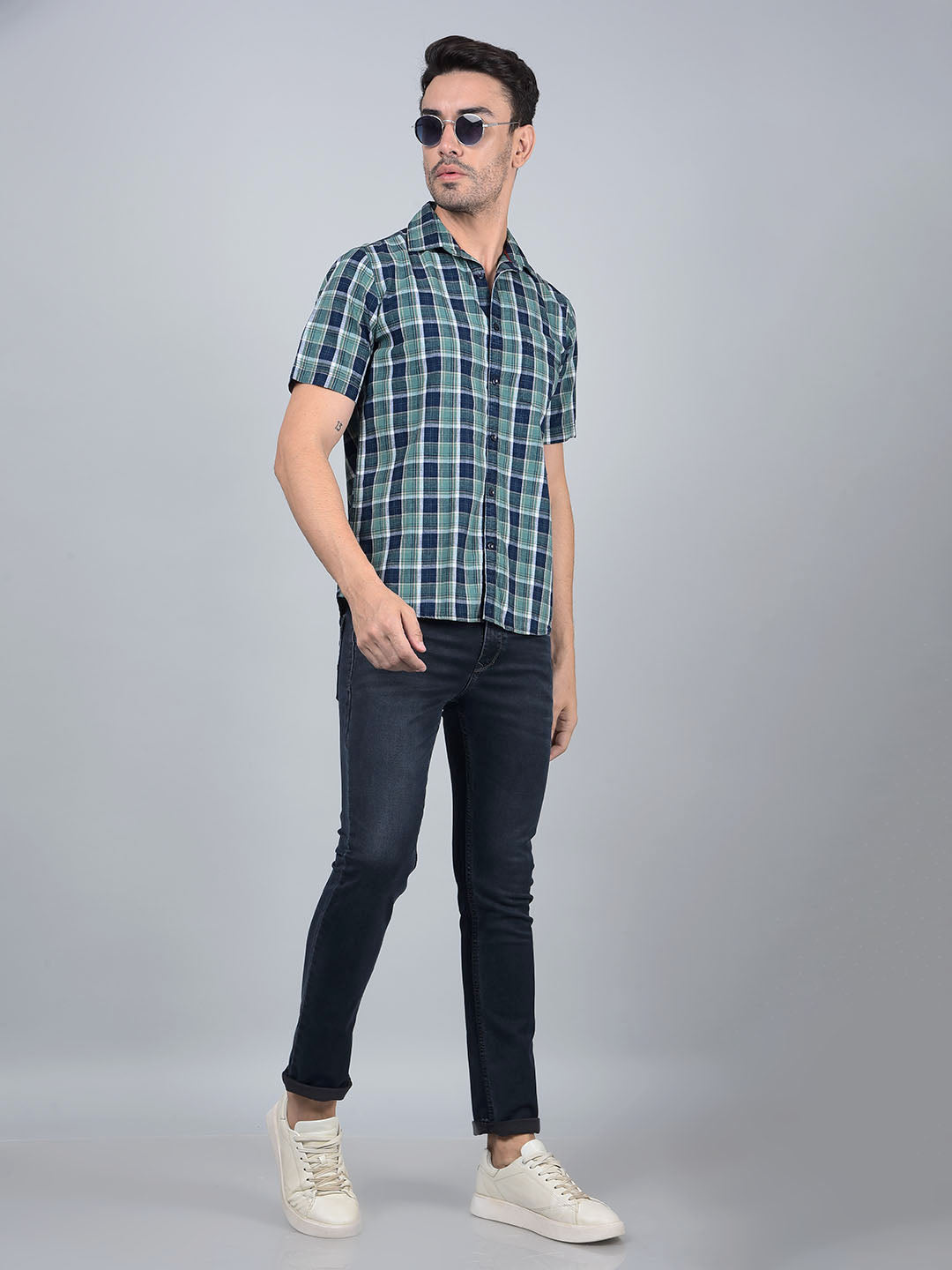 Green Checked 100% Cotton Shirt-Men Shirts-Crimsoune Club