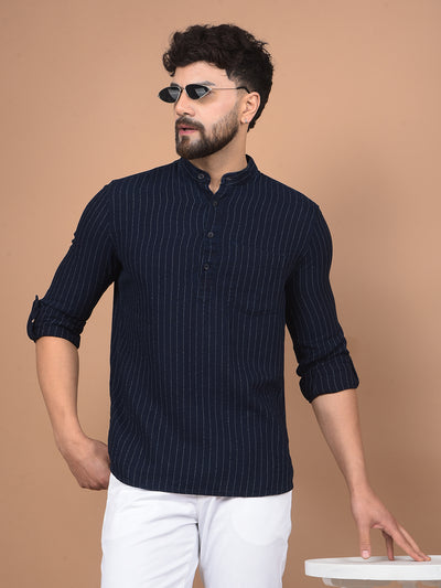 Navy Blue Vertical Stripes 100% Cotton Kurta-Men Kurtas-Crimsoune Club