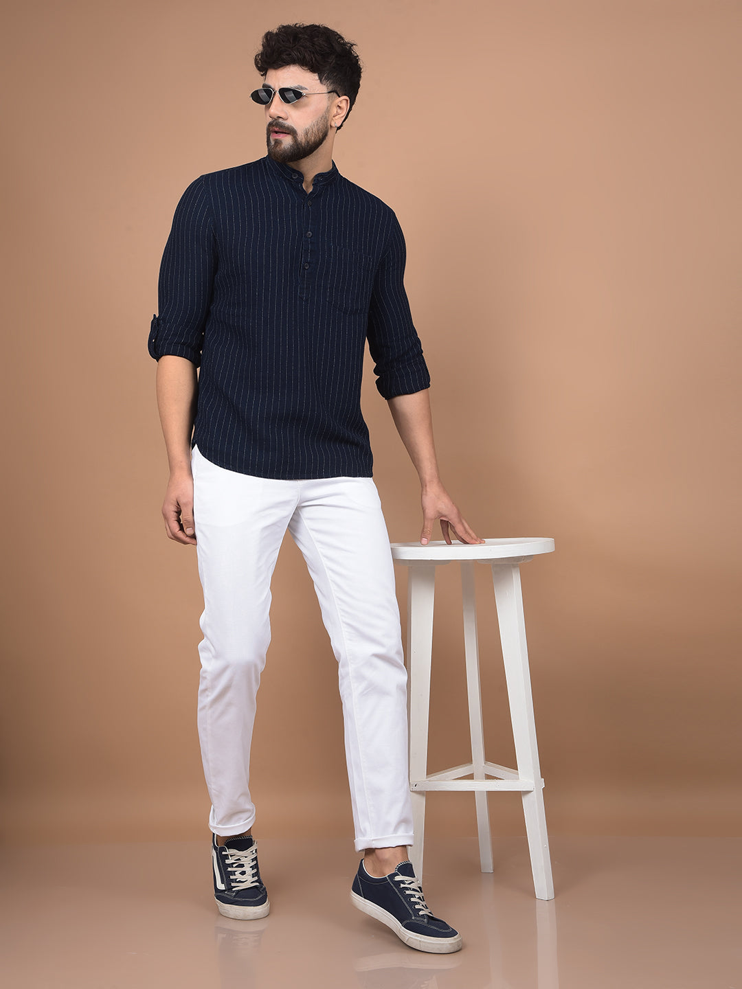 Navy Blue Vertical Stripes 100% Cotton Kurta-Men Kurtas-Crimsoune Club