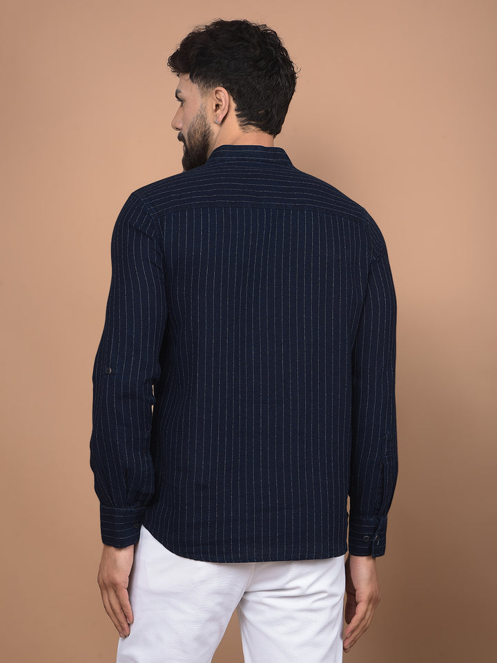 Navy Blue Vertical Stripes 100% Cotton Kurta-Men Kurtas-Crimsoune Club