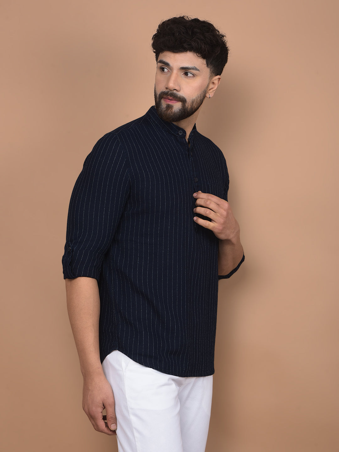Navy Blue Vertical Stripes 100% Cotton Kurta-Men Kurtas-Crimsoune Club