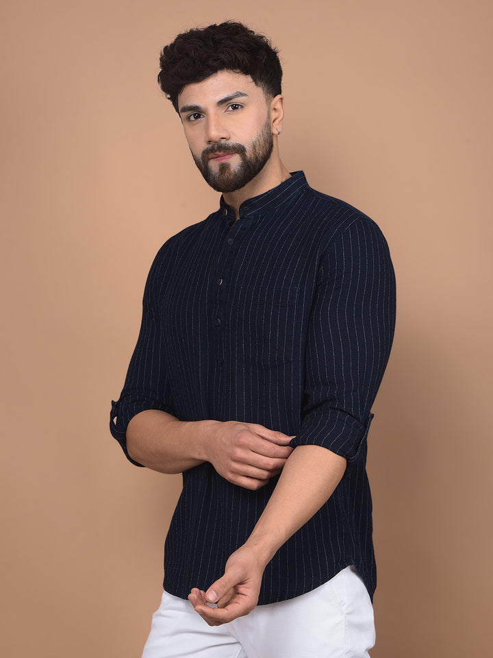 Navy Blue Vertical Stripes 100% Cotton Kurta-Men Kurtas-Crimsoune Club