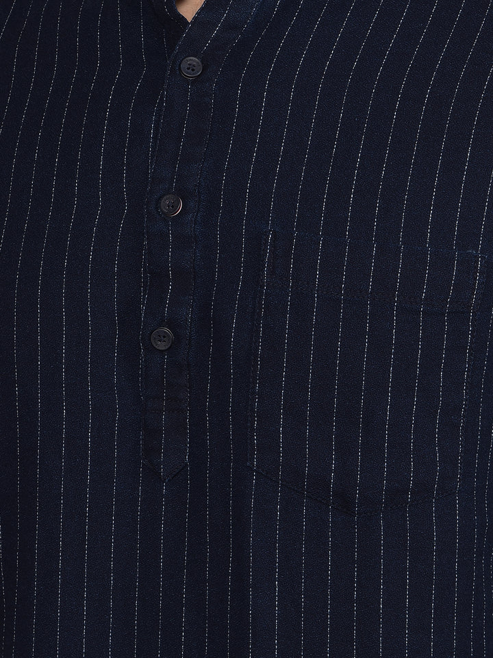 Navy Blue Vertical Stripes 100% Cotton Kurta-Men Kurtas-Crimsoune Club