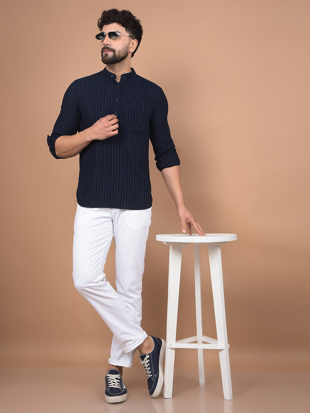 Navy Blue Vertical Stripes 100% Cotton Kurta-Men Kurtas-Crimsoune Club