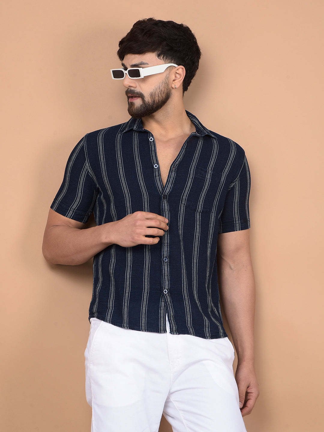 Navy Blue Vertical Stripes 100% Cotton Shirt-Men Shirts-Crimsoune Club
