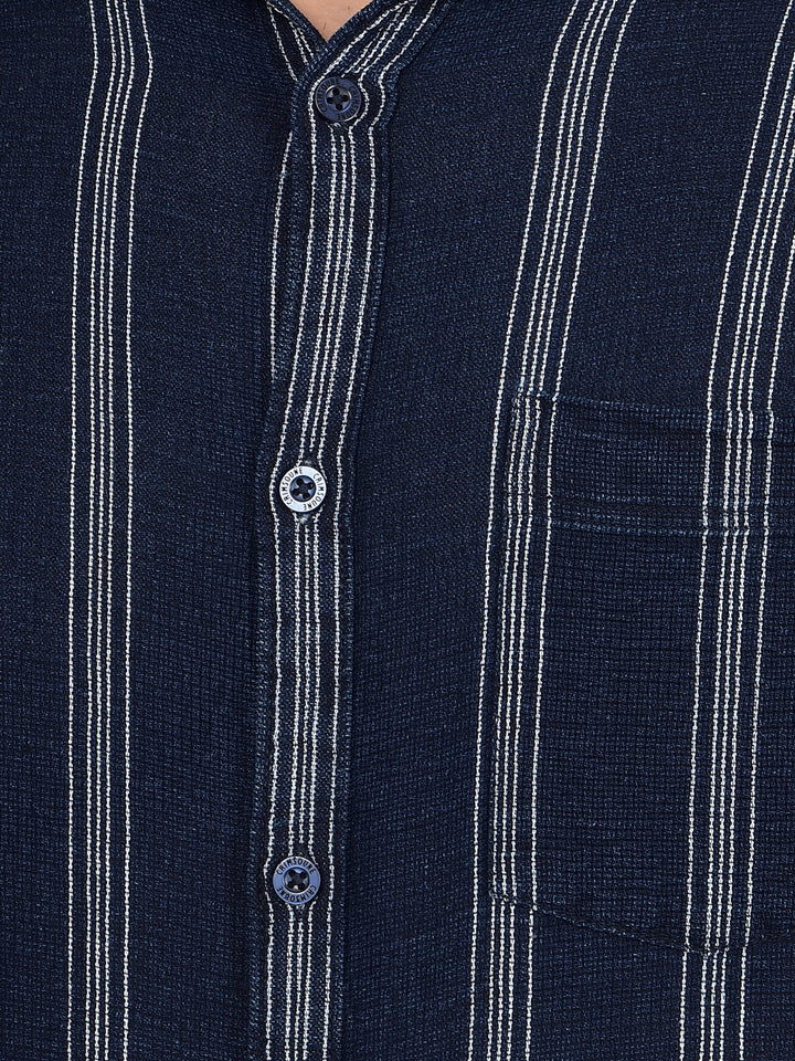 Navy Blue Vertical Stripes 100% Cotton Shirt-Men Shirts-Crimsoune Club
