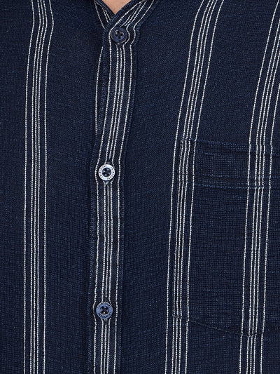 Navy Blue Vertical Stripes 100% Cotton Shirt-Men Shirts-Crimsoune Club