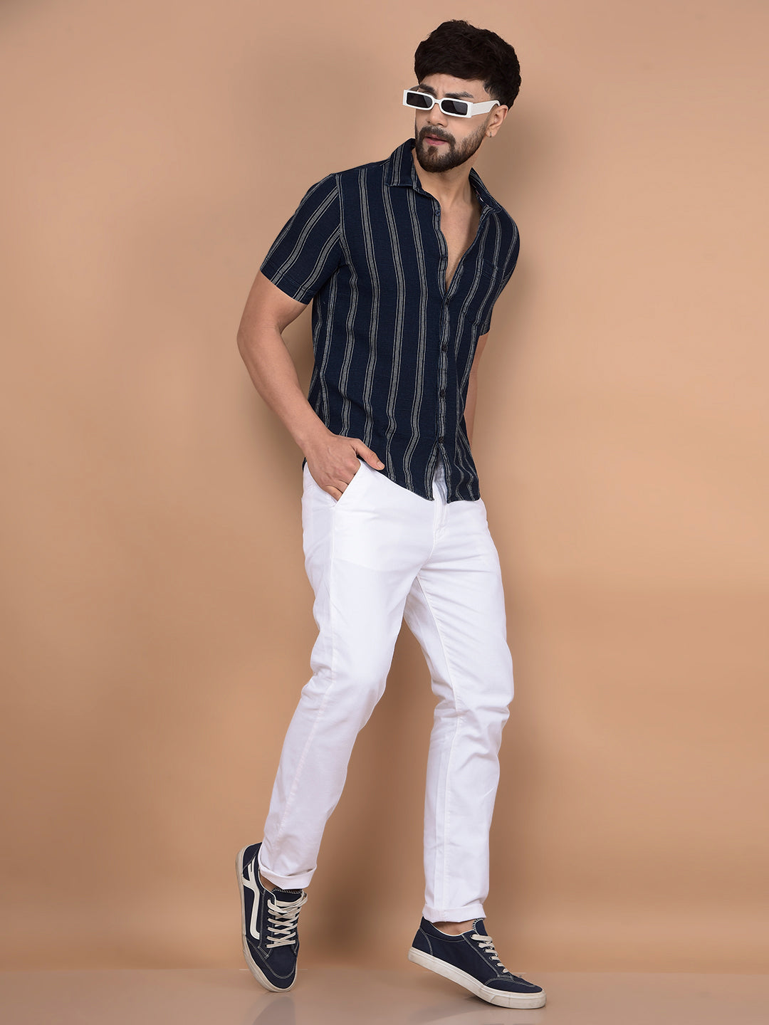 Navy Blue Vertical Stripes 100% Cotton Shirt-Men Shirts-Crimsoune Club
