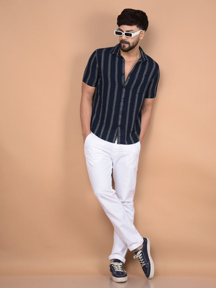 Navy Blue Vertical Stripes 100% Cotton Shirt-Men Shirts-Crimsoune Club