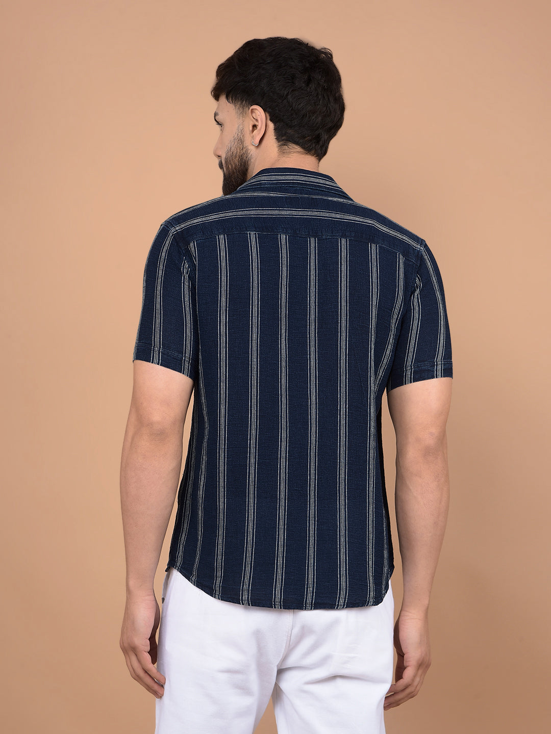 Navy Blue Vertical Stripes 100% Cotton Shirt-Men Shirts-Crimsoune Club