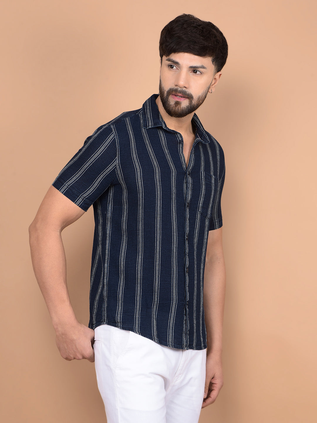 Navy Blue Vertical Stripes 100% Cotton Shirt-Men Shirts-Crimsoune Club