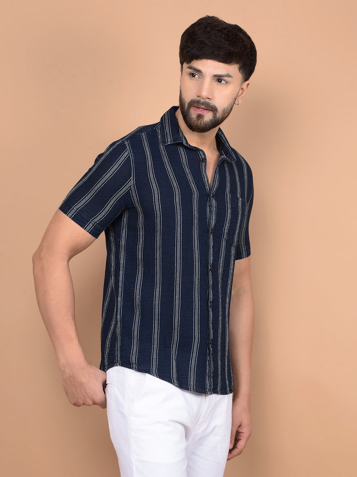 Navy Blue Vertical Stripes 100% Cotton Shirt-Men Shirts-Crimsoune Club