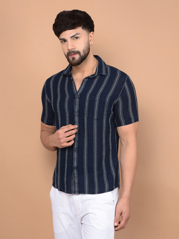 Navy Blue Vertical Stripes 100% Cotton Shirt-Men Shirts-Crimsoune Club