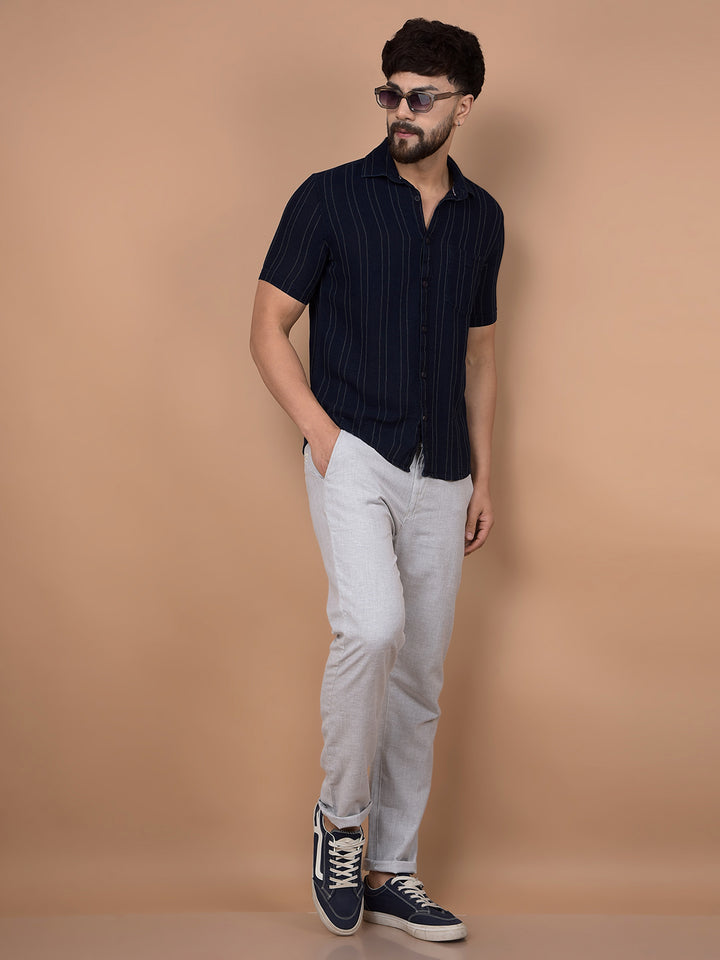 Navy Blue Vertical Stripes 100% Cotton Shirt-Men Shirts-Crimsoune Club