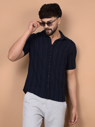 Navy Blue Vertical Stripes 100% Cotton Shirt-Men Shirts-Crimsoune Club