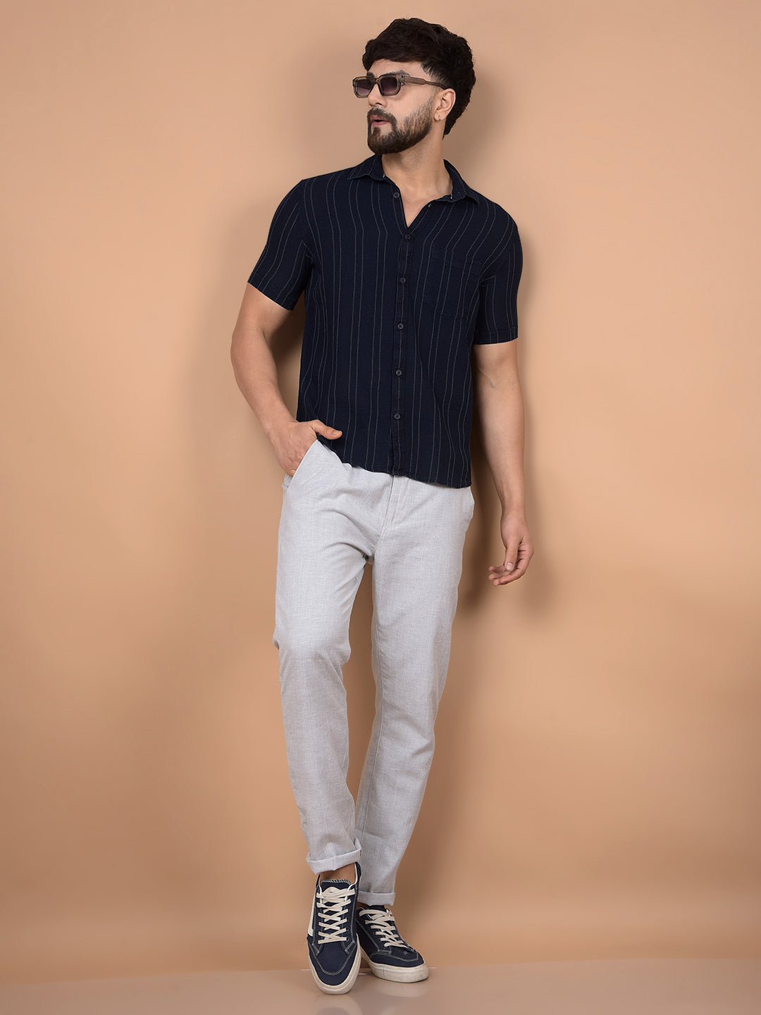 Navy Blue Vertical Stripes 100% Cotton Shirt-Men Shirts-Crimsoune Club