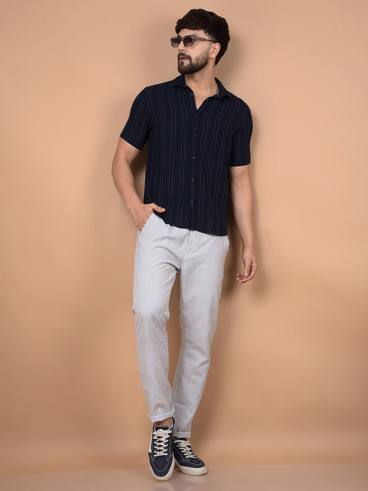 Navy Blue Vertical Stripes 100% Cotton Shirt-Men Shirts-Crimsoune Club