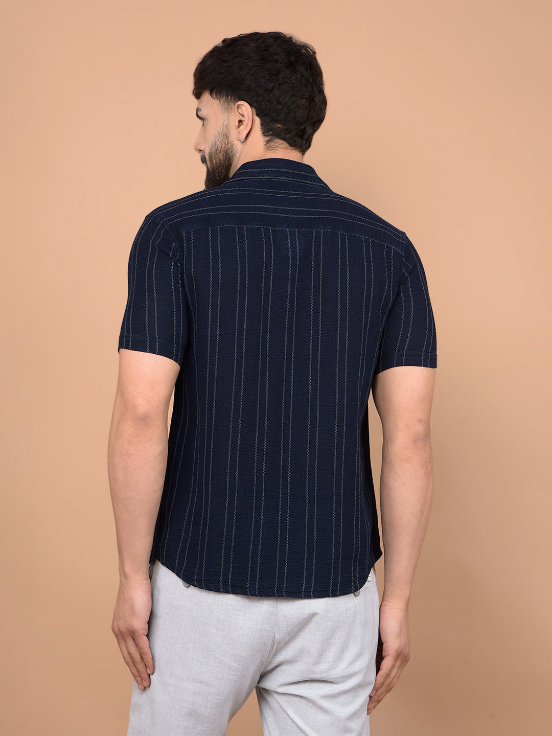 Navy Blue Vertical Stripes 100% Cotton Shirt-Men Shirts-Crimsoune Club
