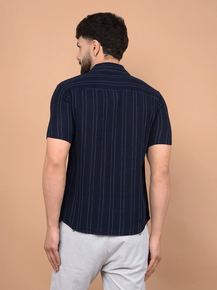 Navy Blue Vertical Stripes 100% Cotton Shirt-Men Shirts-Crimsoune Club