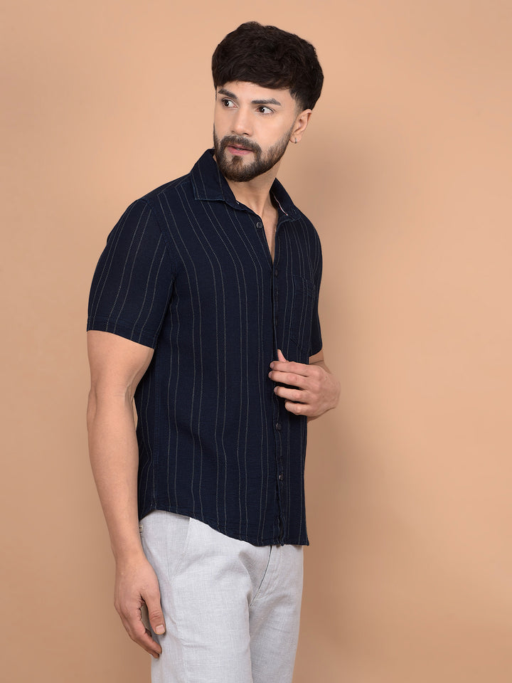 Navy Blue Vertical Stripes 100% Cotton Shirt-Men Shirts-Crimsoune Club